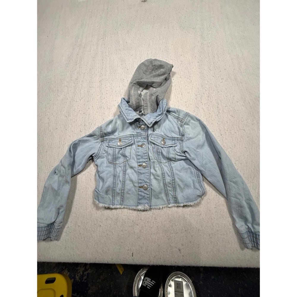 Cat & Jack Girls Light Wash Cropped Denim Jacket with Grey Hood Size M 8